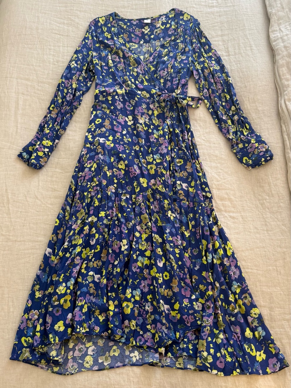Long Sleeve Blue Floral Wrap Midi Dress
